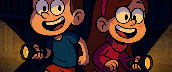 Zwei Kinder mit Taschenlampen im Dunkeln