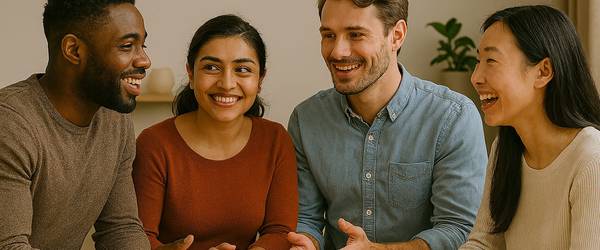 Vier Menschen unterhalten sich an einem Tisch