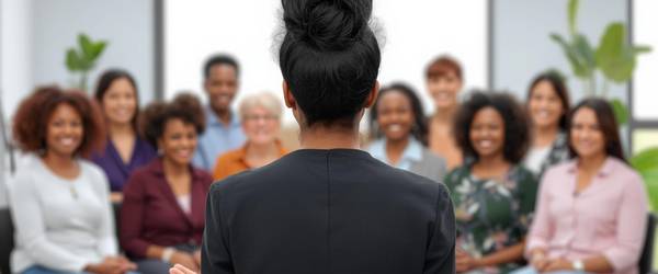 Grafik einer Frau, der vor einer Personengruppe einen Vortag hält