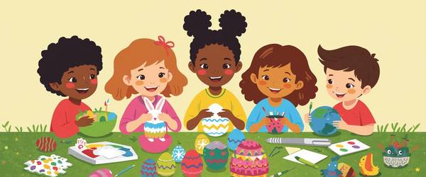 Grafik von einer Kindergruppe, die Osterpräsente basteln.