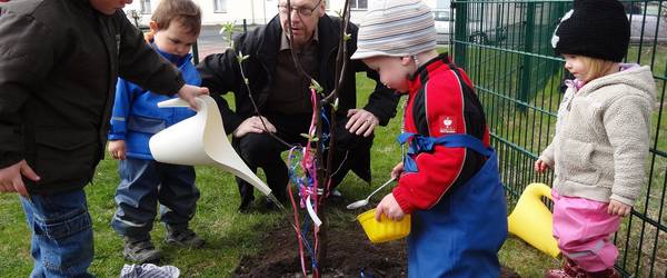 Vier kleine Kinder stehen mit ihrem Erzieher an einem frisch gepflanzten Baum und gießen diesen.