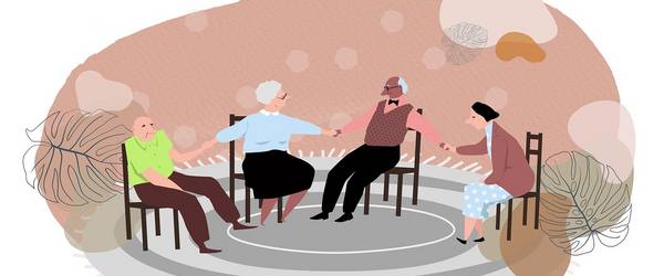 Grafische Darstellung von vier Seniorinnen und Senioren, die auf Stühlen sitzen und sich an den Händen halten.