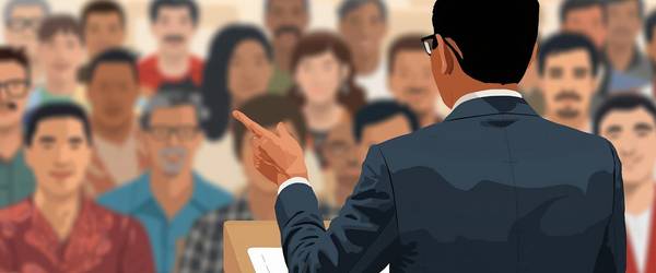 Grafik eines Mannes, der vor einer Personengruppe einen Vortag hält