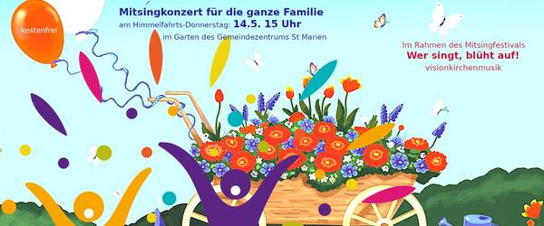 Bunter Flyer mit Informationen zur Veranstaltung und bunter Blumenwiese am unteren Rand