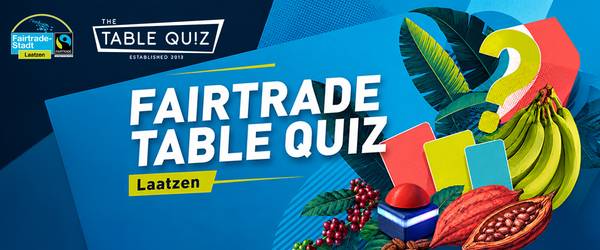 Logos der Fairtrade Initiative und vom Table Quiz Laatzen, blauer Hintergrund, Titel Fairtrade Table Quiz Laatzen, es ist Obst, Buzzer und Blätter mit einem Fragezeichen schematisch dargestellt.