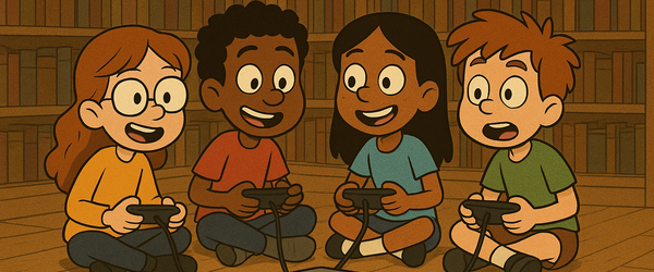 Vier Kinder spielen an einer Konsole